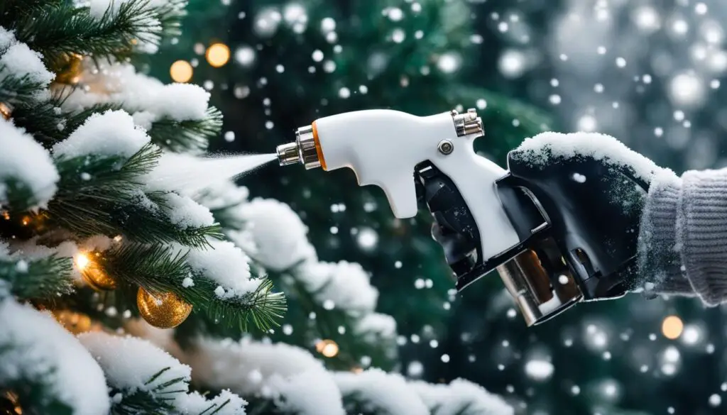 Flocking material being applied on a Christmas tree