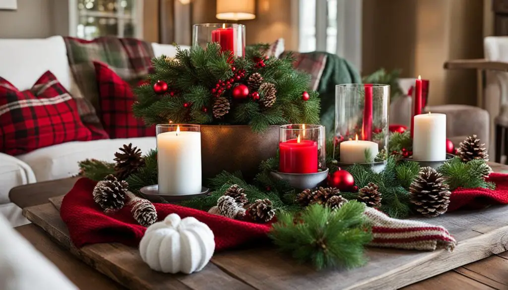 christmas themed round coffee table styling